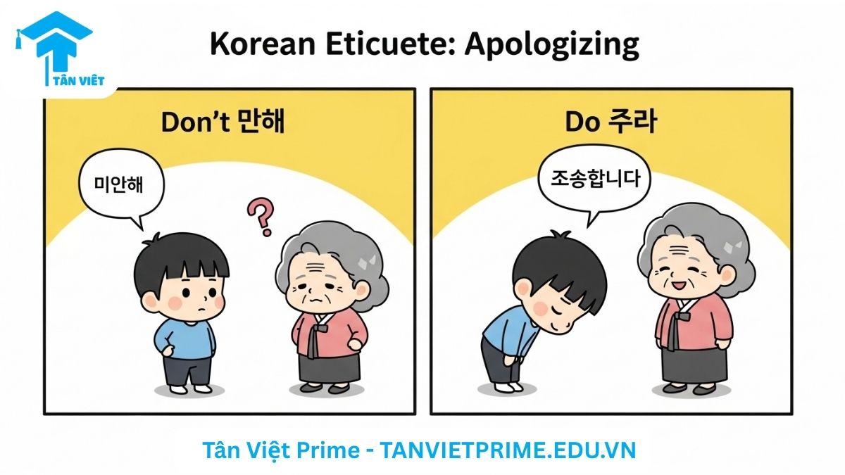 Cách Nói "Xin Lỗi" Tiếng Hàn? Toàn Tập Các Cấp Độ Lịch Sự & Văn Hóa Ứng Xử 3 Hình ảnh minh họa so sánh cách xin lỗi tiếng Hàn đúng và sai trong tình huống giao tiếp với người lớn, mô tả một bạn trẻ dùng sai từ thân mật và dùng đúng từ trang trọng để làm rõ tầm quan trọng của kính ngữ trong văn hóa Hàn Quốc.