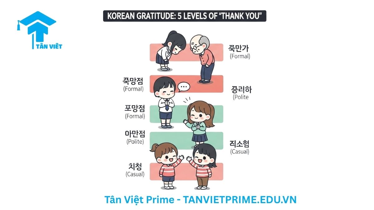 5 Cấp Độ Nói "Cảm Ơn" Tiếng Hàn: Phân Biệt 감사합니다, 고맙습니다 & 고마워 2 Infographic giải thích 5 cấp độ lịch sự khi nói "Cảm ơn tiếng Hàn", mô tả các nhân vật chibi trong những tình huống xã hội khác nhau để làm rõ cách dùng từ 감사합니다 đến 고마워. Giúp người học phân biệt và sử dụng đúng ngữ cảnh.