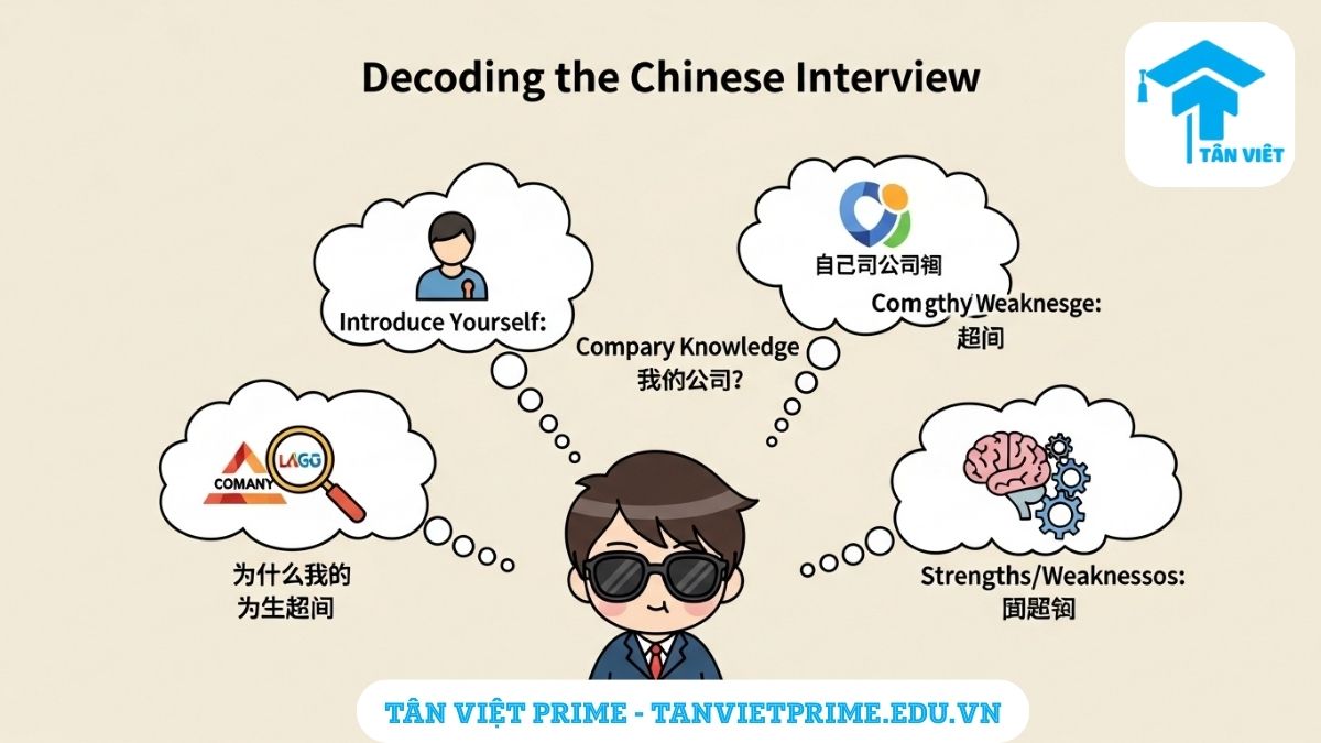 Phỏng Vấn Tiếng Trung: Cẩm Nang A-Z Chinh Phục Nhà Tuyển Dụng (2025) 3 Sơ đồ giải thích các câu hỏi phỏng vấn tiếng Trung thường gặp, mô tả một ứng viên chibi đang suy nghĩ về cách trả lời các câu hỏi về bản thân, công ty, và năng lực để làm rõ chiến lược trả lời thông minh và tự tin.