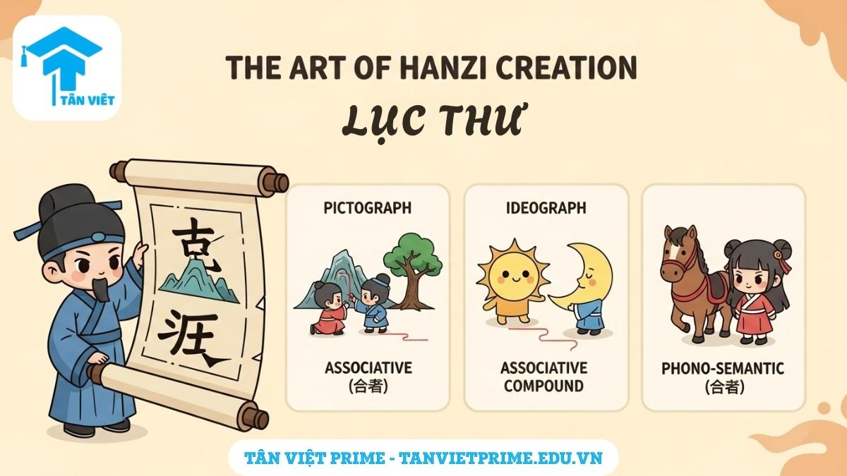 Cấu Tạo Chữ Hán: Giải Mã Toàn Tập 6 "Công Thức" Lục Thư Cho Người Mới Bắt Đầu 2 Infographic giải thích 4 phương thức cấu tạo chữ Hán theo Lục Thư, mô tả các ví dụ minh họa Tượng hình, Chỉ sự, Hội ý, và Hình thanh theo phong cách chibi để làm rõ cách Hán tự được tạo ra một cách logic. Giúp người mới bắt đầu học tiếng Trung dễ dàng hơn.