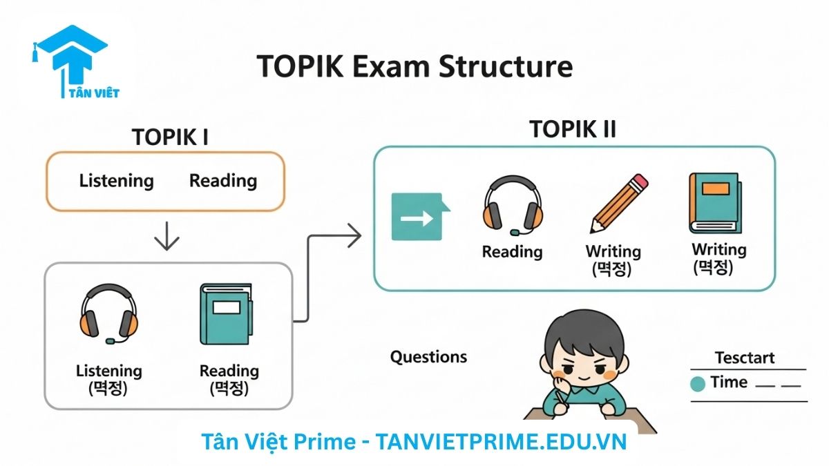 Sơ đồ giải thích Cấu trúc Bài thi TOPIK, mô tả các phần thi Nghe (듣기), Đọc (읽기), và Viết (쓰기) cho hai cấp độ TOPIK I và TOPIK II để làm rõ các kỹ năng được đánh giá và định dạng của kỳ thi. Hướng dẫn chi tiết cho thí sinh chuẩn bị ôn luyện