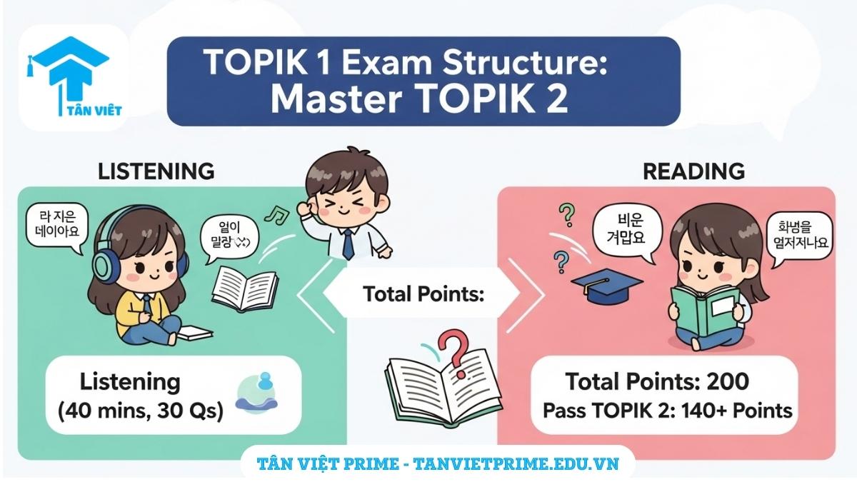 Infographic giải thích cấu trúc đề thi TOPIK I (TOPIK 2), mô tả rõ ràng các phần Nghe, Đọc, thời gian, số câu hỏi và điểm đỗ để giúp thí sinh hình dung tổng quan bài thi và đạt TOPIK 2.