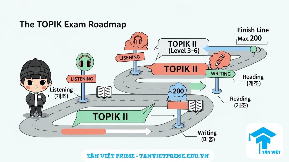 Infographic giải thích cấu trúc đề thi TOPIK, mô tả một lộ trình chinh phục với hai nhánh TOPIK I và TOPIK II, thể hiện rõ các kỹ năng Nghe, Đọc, Viết để làm rõ sự khác biệt giữa hai cấp độ thi. Nắm vững cấu trúc để ôn thi hiệu quả.