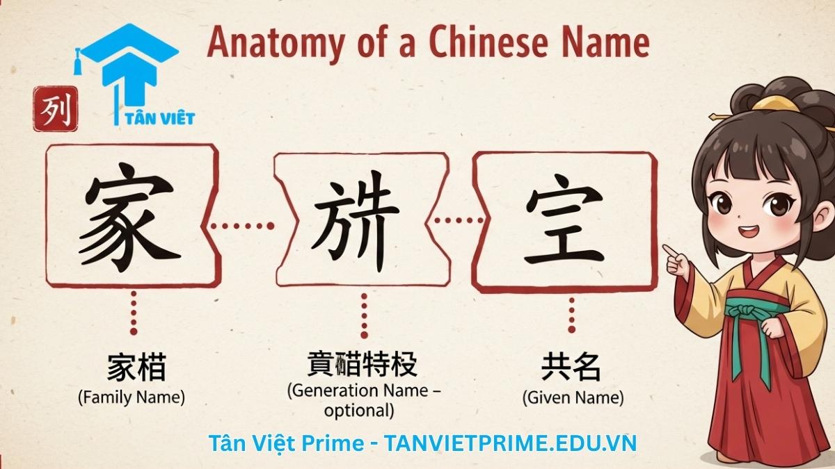 Sơ đồ giải thích cấu trúc của một tên tiếng Trung, mô tả ví dụ tên "Lý Minh Châu" (李明珠) được tách thành 3 phần: Họ, Tên Đệm, và Tên Chính để giúp người học hiểu rõ cách một cái tên được hình thành theo truyền thống. Cách đặt tên tiếng Trung cho con.