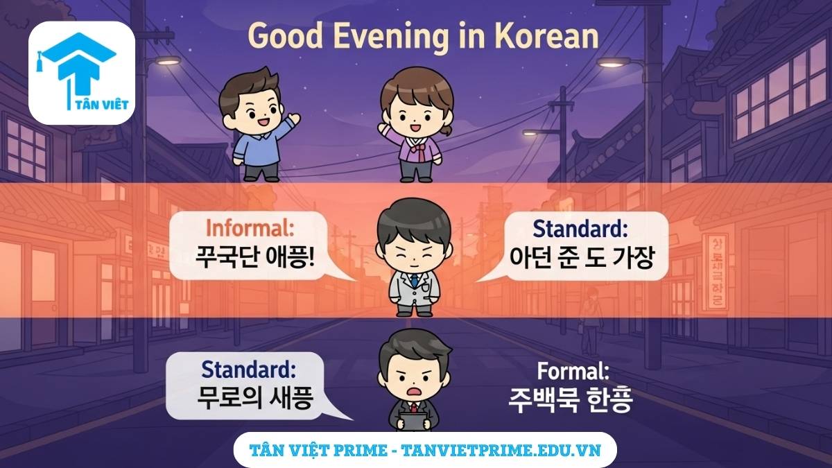 Infographic giải thích các cấp độ nói "Chào buổi tối" tiếng Hàn, mô tả ba nhân vật chibi minh họa cho các tình huống thân mật, lịch sự và trang trọng để làm rõ cách sử dụng phù hợp trong văn hóa Hàn Quốc. Giúp người học phân biệt các đuôi câu kính ngữ.