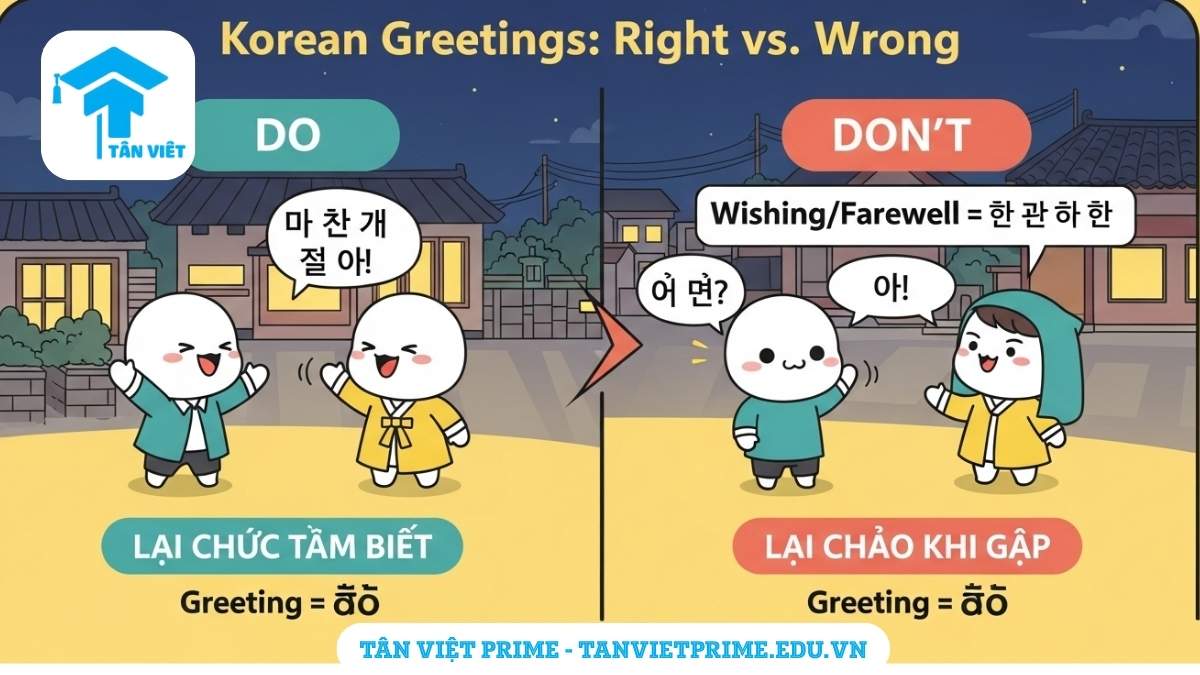 Infographic giải thích văn hóa chào buổi tối tiếng Hàn, mô tả tình huống "Nên" và "Không nên" để làm rõ khi nào dùng "안녕하세요" để chào và "좋은 저녁 되세요" để chúc hoặc tạm biệt. Hướng dẫn giao tiếp tự nhiên như người bản xứ.