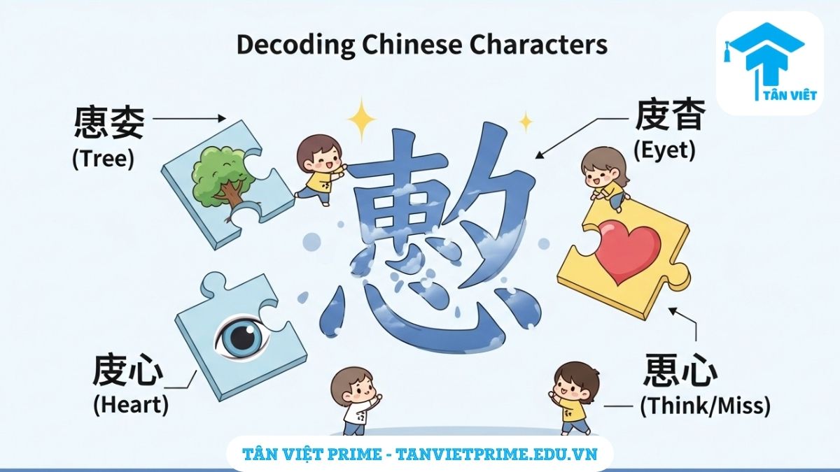 Chiết Tự Chữ Hán (解字 / 折字): Bí Quyết Vàng Để Ghi Nhớ Hán Tự Vĩnh Viễn 2 Infographic giải thích phương pháp chiết tự chữ Hán, mô tả ký tự 想 được lắp ráp từ các mảnh ghép bộ thủ 木 (cây), 目 (mắt), và 心 (tim) để làm rõ cách phân tích chữ Hán một cách logic. Giúp ghi nhớ Hán tự dễ dàng hơn.