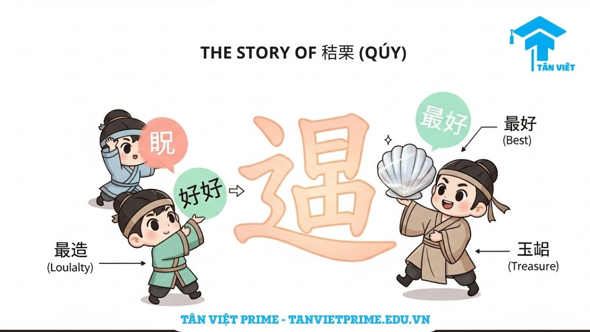 Chữ Quý trong Tiếng Hán (貴 / Guì): Toàn Tập Ý Nghĩa, Chiết Tự & Cách Viết A-Z 2 Infographic giải thích chiết tự chữ Hán "Quý" (貴), mô tả ba nhân vật chibi dễ thương đang ghép các bộ phận Trung (中), Nhất (一), và Bối (貝) thành chữ Quý hoàn chỉnh để làm rõ ý nghĩa triết lý về lòng trung thành là thứ quý giá nhất.