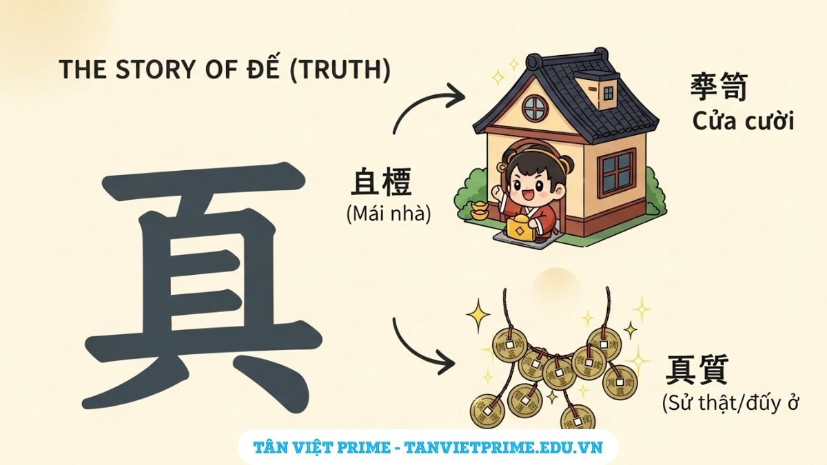 Sơ đồ chiết tự chữ Thực (實/实) trong tiếng Hán, mô tả cấu tạo từ bộ Miên (宀 - mái nhà) và Quán (貫 - xâu tiền) để giải thích ý nghĩa gốc là "sung túc", "có thật".