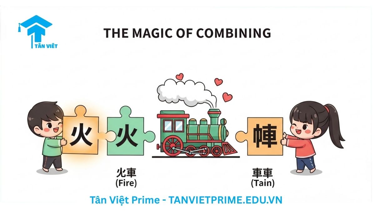 Infographic minh họa giải thích khái niệm từ ghép tiếng Trung, mô tả hai nhân vật chibi dễ thương đang ghép các ký tự Hán 'lửa' (火) và 'xe' (车) lại với nhau như những mảnh ghép để tạo thành từ 'xe lửa' (火车), giúp người học hiểu cách các từ đơn giản kết hợp thành từ vựng mới.