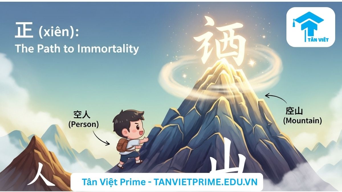 Chữ Tiên trong Tiếng Hán (仙 & 先): Ý Nghĩa, Cách Viết & Phân Biệt Chi Tiết 3 Hình ảnh minh họa giải thích chiết tự chữ Tiên 仙, mô tả một người (亻) đang leo lên núi (山) để tu thành tiên, nhằm làm rõ nguồn gốc và ý nghĩa sâu sắc của chữ 仙 qua hình ảnh.