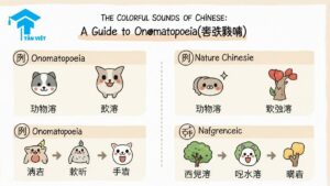Cute Korean infographic: "Colorful Sounds of Chinese Onomatopoeia (拟声词)" with animal and nature sound examples in sentences.