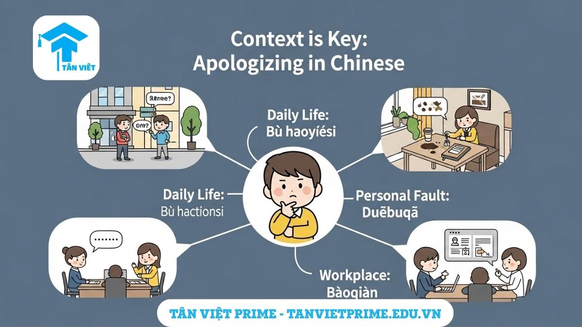 Xin Lỗi Tiếng Trung Toàn Tập: Phân Biệt Duìbuqǐ, Bù Hǎoyìsi & Bàoqiàn 3 Hình ảnh minh họa giải thích cách chọn lời xin lỗi tiếng Trung, mô tả một nhân vật chibi đang suy nghĩ về ba ngữ cảnh khác nhau (đời thường, lỗi cá nhân, công việc) để làm rõ tầm quan trọng của việc sử dụng đúng "Bù hǎoyìsi", "Duìbuqǐ", hay "Bàoqiàn".