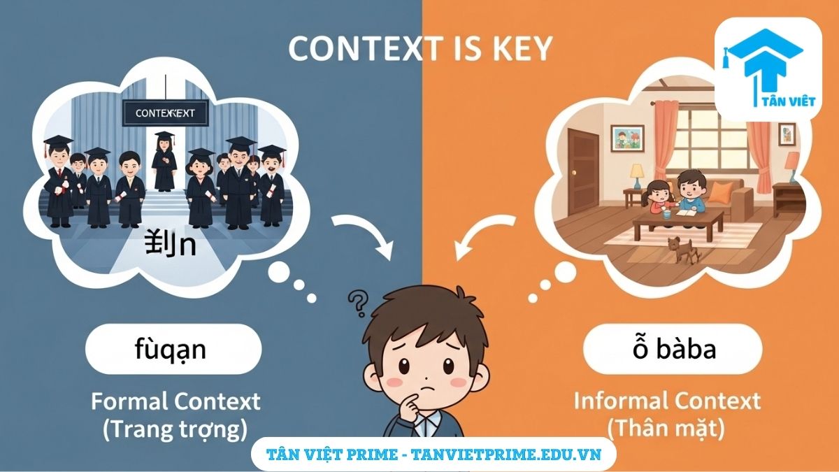 Hình ảnh minh họa việc chọn từ đồng nghĩa tiếng Trung theo ngữ cảnh, mô tả một nhân vật chibi đang suy nghĩ, lựa chọn giữa từ '父亲' cho bối cảnh trang trọng (lễ tốt nghiệp) và từ '爸爸' cho bối cảnh thân mật (gia đình), để làm rõ tầm quan trọng của hoàn cảnh khi sử dụng các từ gần nghĩa. Hướng dẫn cách dùng từ tinh tế như người bản xứ.