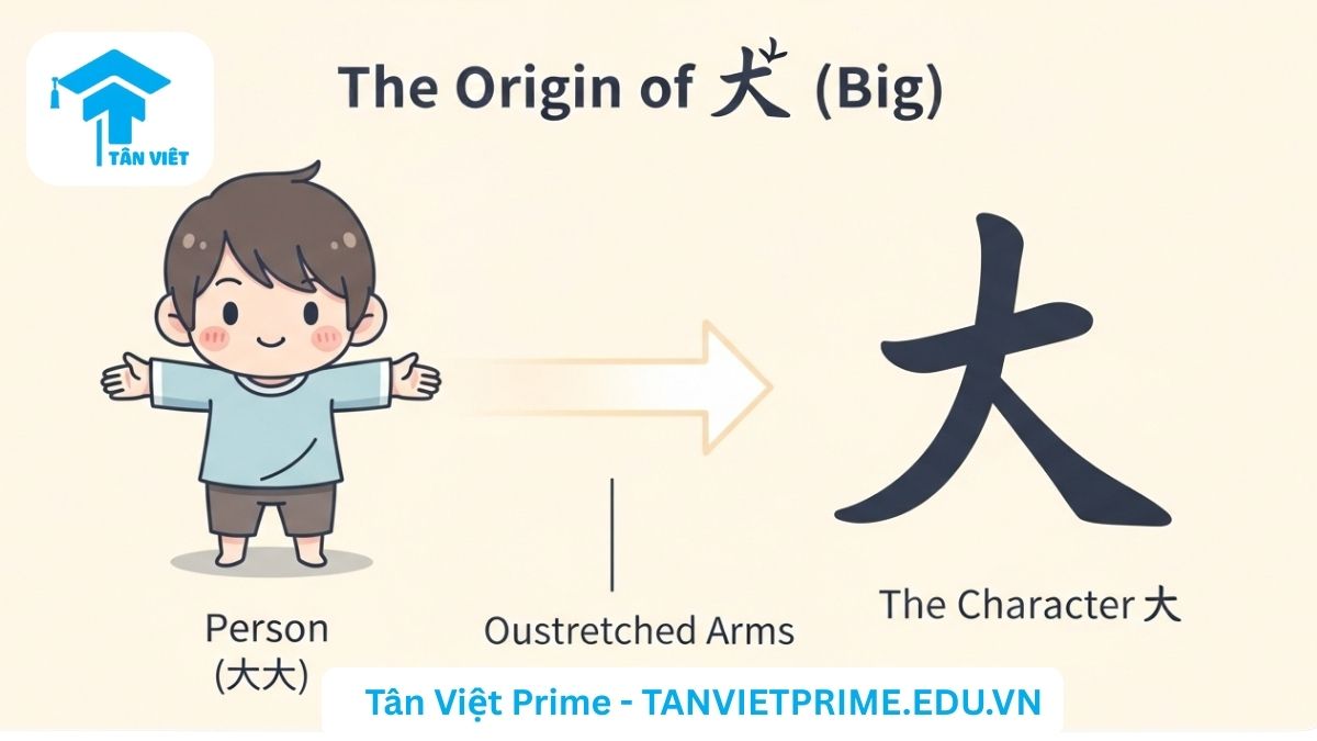 Infographic giải thích nguồn gốc tượng hình của chữ Đại (大), mô tả hình ảnh một người dang tay phát triển thành ký tự Hán để làm rõ ý nghĩa "to lớn". Giúp người học ghi nhớ chữ Hán qua hình ảnh trực quan.
