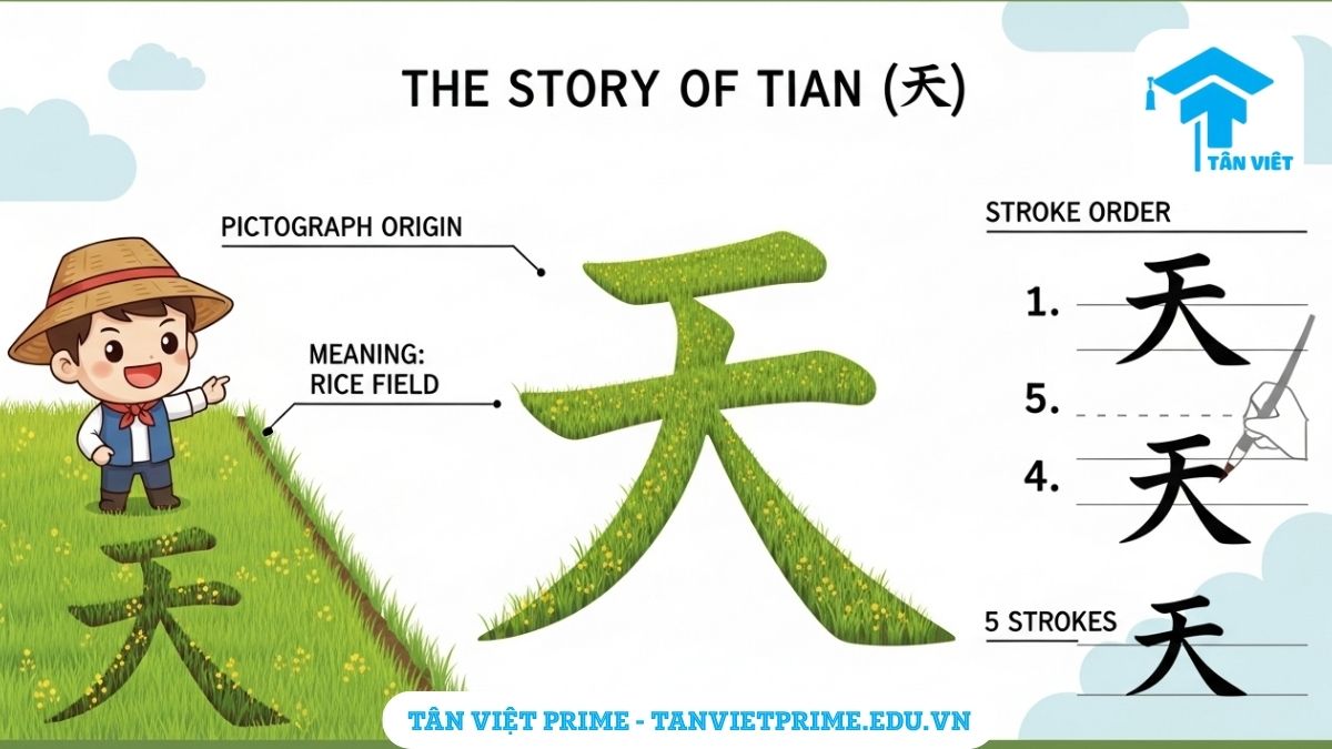 Chữ Điền trong Tiếng Hán (田 / Tián): Từ Nguồn Gốc, Ý Nghĩa đến Ứng Dụng 2 Infographic giải thích ý nghĩa và cách viết chữ Điền (田), mô tả một nông dân chibi bên thửa ruộng tượng hình và sơ đồ 5 nét viết, làm rõ nguồn gốc tượng hình của Hán tự này. Hướng dẫn học tiếng Trung cho người mới bắt đầu.