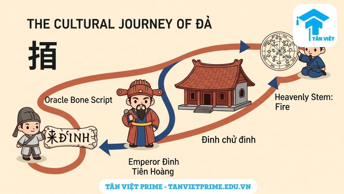 Chữ Đinh Trong Tiếng Hán (丁 / Dīng): Ý Nghĩa, Lịch Sử & Văn Hóa A-Z 3 Infographic minh họa hành trình lịch sử và văn hóa của chữ Đinh (丁), mô tả sự phát triển từ chữ Giáp cốt văn đến các biểu tượng văn hóa như Vua Đinh Tiên Hoàng, kiến trúc nhà chữ Đinh và vai trò trong Thiên Can.