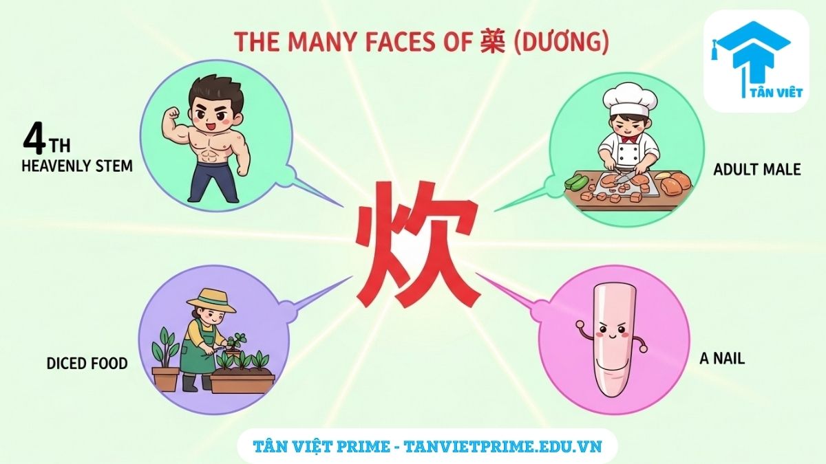 Chữ Đinh Trong Tiếng Hán (丁 / Dīng): Ý Nghĩa, Lịch Sử & Văn Hóa A-Z 2 Infographic chibi giải thích các ý nghĩa của chữ Đinh (丁), với hình ảnh trung tâm và các biểu tượng minh họa như người đàn ông trưởng thành, gà thái hạt lựu, và cái đinh, giúp người học ghi nhớ từ vựng và các lớp nghĩa một cách trực quan.
