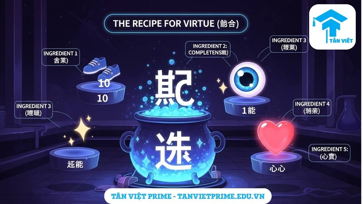 Hình ảnh minh họa giải thích cách chiết tự chữ Đức (德) theo kiểu công thức sáng tạo, mô tả các thành tố như Hành động, Trọn vẹn, Sáng suốt, Thống nhất và Tấm lòng được ví như những nguyên liệu ma thuật để làm rõ đức hạnh là sự kết hợp của nhiều yếu tố hoàn chỉnh. Ghi nhớ chữ Hán qua hình ảnh sáng tạo.