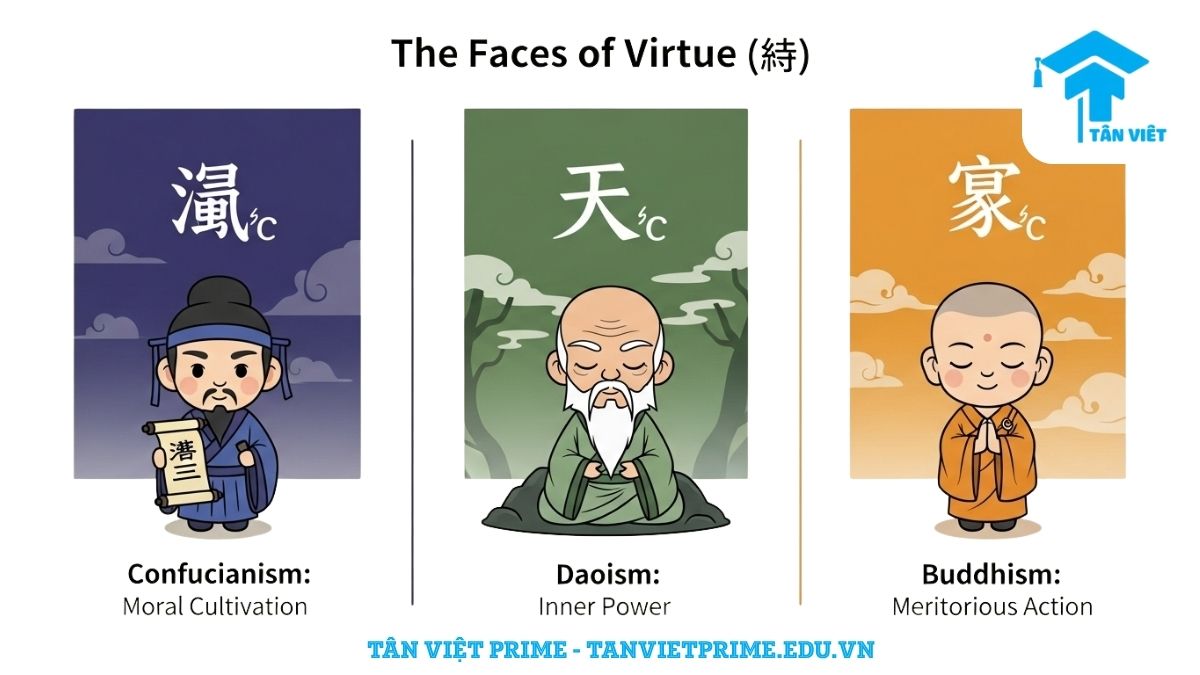 Infographic giải thích quan niệm về chữ Đức (德) trong Nho giáo, Đạo giáo và Phật giáo, mô tả ba nhân vật chibi đại diện cho mỗi trường phái triết học để làm rõ sự khác biệt trong cách diễn giải "Đức" là phẩm hạnh tu dưỡng, năng lực nội tại và công đức. So sánh triết học phương Đông.