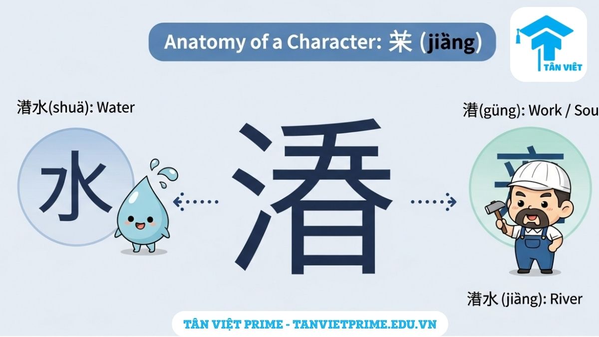 Chữ Giang (江) trong Tiếng Hán: Toàn tập Ý nghĩa, Cách viết & Từ vựng 2 Infographic giải thích chiết tự chữ Giang (江), mô tả ký tự này được tạo thành từ bộ Thủy (nước) và chữ Công (âm thanh) để làm rõ cách Hán tự được cấu tạo và ghi nhớ ý nghĩa. Giúp người học tiếng Trung hiểu sâu hơn về nguồn gốc chữ viết.