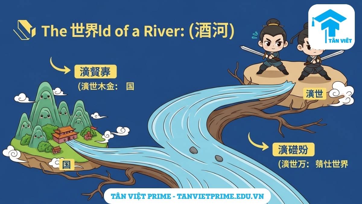 Chữ Giang (江) trong Tiếng Hán: Toàn tập Ý nghĩa, Cách viết & Từ vựng 3 Hình ảnh minh họa giải thích ý nghĩa văn hóa của chữ Giang (江), mô tả một dòng sông chibi tỏa ra các cảnh tượng "Giang Sơn" (đất nước) và "Giang Hồ" (võ lâm) để làm rõ cách một ký tự có thể mang nhiều tầng nghĩa sâu sắc. Giúp hiểu thêm về thành ngữ và văn hóa Trung Quốc.