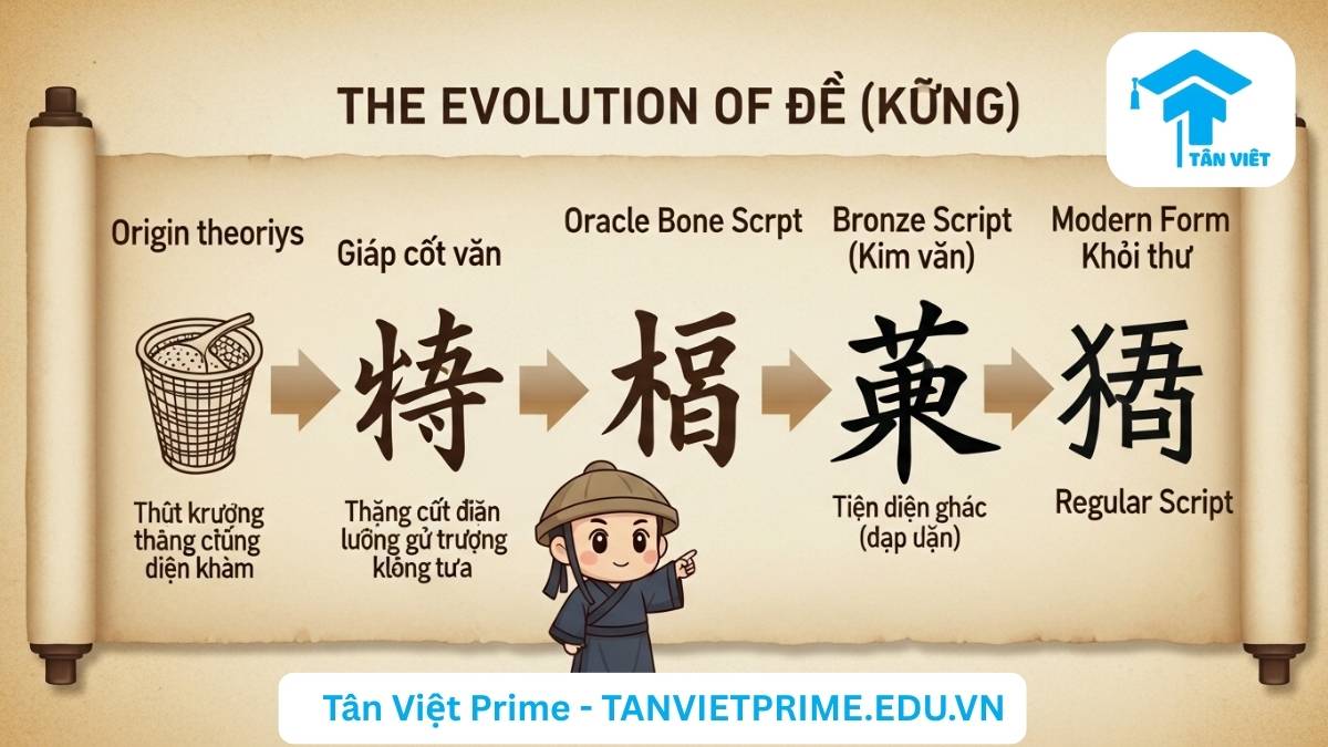 Chữ Khang (康 / Kāng) trong Tiếng Hán: Từ Sức Khỏe, An Khang Đến Thịnh Vượng 3 Sơ đồ giải thích nguồn gốc và lịch sử chữ Khang (康), mô tả một dòng thời gian thể hiện sự tiến hóa của ký tự từ dạng cổ (Giáp Cốt Văn, Kim Văn) đến dạng hiện đại (Khải Thư) để làm rõ quá trình hình thành của chữ Hán này. Hình ảnh giúp hiểu sâu hơn về từ nguyên học tiếng Trung.