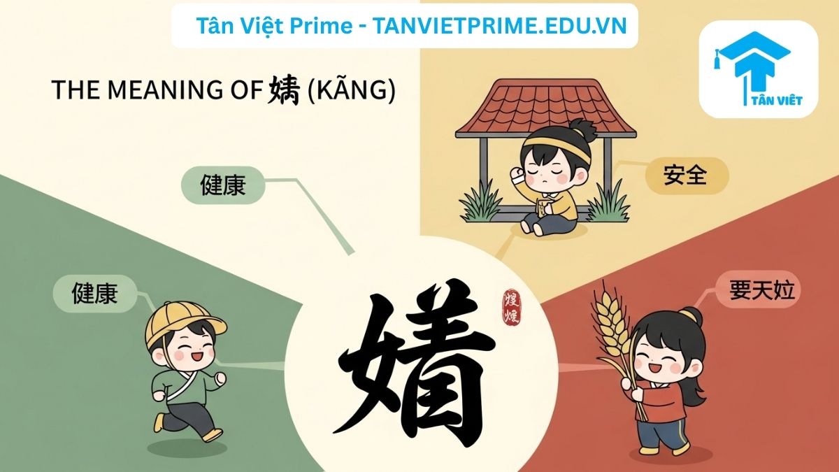 Chữ Khang (康 / Kāng) trong Tiếng Hán: Từ Sức Khỏe, An Khang Đến Thịnh Vượng 2 Infographic giải thích các ý nghĩa chính của chữ Khang (康) trong tiếng Hán, mô tả ký tự 康 ở trung tâm với ba hình ảnh chibi minh họa cho các khái niệm Sức Khỏe, Bình An và Thịnh Vượng để làm rõ các tầng nghĩa cốt lõi của chữ. Hình ảnh giúp người học ghi nhớ từ vựng và ý nghĩa tên Khang.