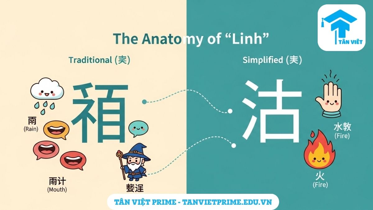 Infographic so sánh các chữ Linh trong tiếng Hán, mô tả sự khác biệt về ý nghĩa giữa 灵 (linh hồn), 玲 (ngọc quý), và 泠 (thanh khiết) để làm rõ cách chọn tên tiếng Trung phù hợp. Cung cấp gợi ý đặt tên hay và ý nghĩa cho người Việt.