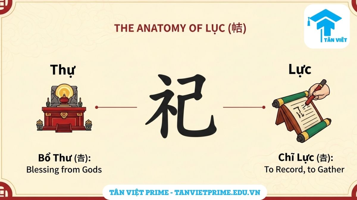 Infographic giải thích cấu tạo chiết tự của chữ Lộc (禄), mô tả các thành phần gồm bộ Thị (礻 - bàn thờ) và chữ Lục (录 - ghi chép) để làm rõ ý nghĩa gốc là "tài lộc được tích lũy dưới sự phù hộ của thần linh".
