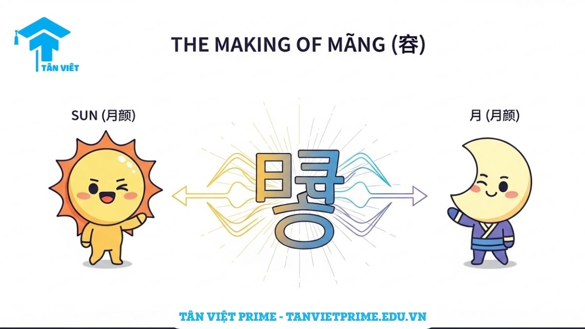 Chữ Minh trong Tiếng Hán (明 / Míng): Ý Nghĩa, Cách Viết & Tên Gọi A-Z 2 Infographic giải thích chiết tự chữ Minh (明) trong tiếng Hán, mô tả hình ảnh nhân vật chibi Mặt trời (日) và Mặt trăng (月) dễ thương kết hợp lại với nhau để tạo thành chữ Minh hoàn chỉnh, làm rõ nguồn gốc hội ý của chữ.