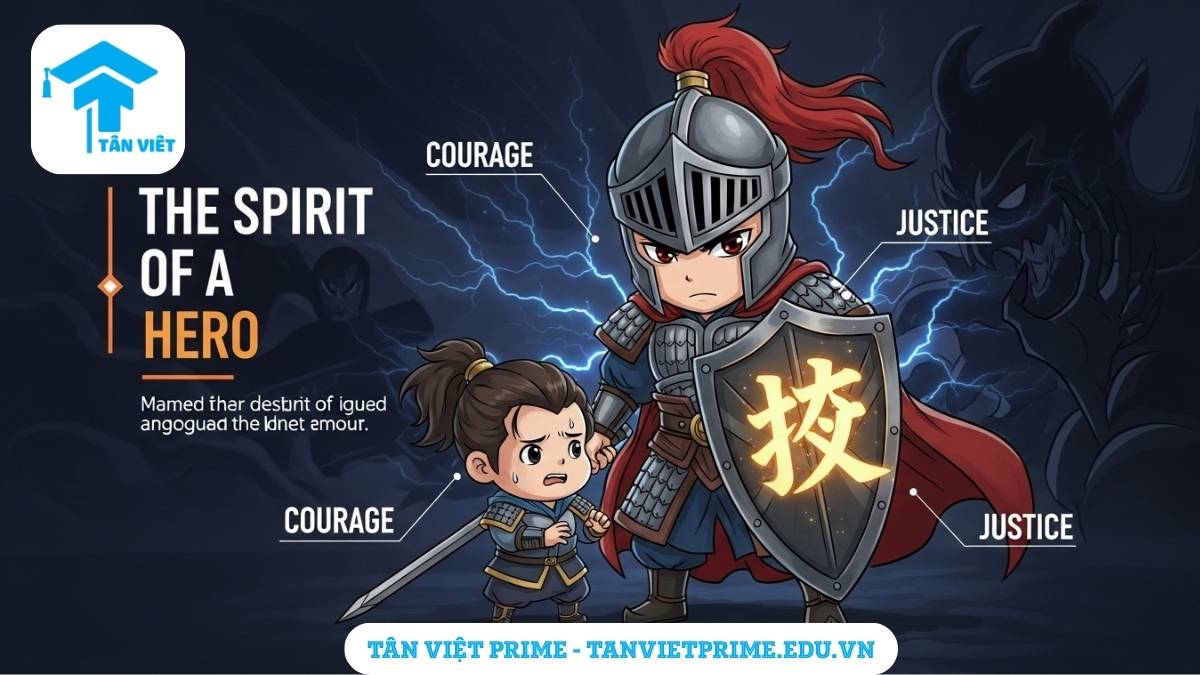 Hình ảnh minh họa giải thích chủ đề chữ Nghĩa (義) trong tiếng Hán, mô tả một hiệp sĩ chibi dũng cảm mang tấm khiên có chữ Nghĩa đang bảo vệ người yếu thế để làm rõ khái niệm về tinh thần hiệp nghĩa, kiến nghĩa dũng vi.