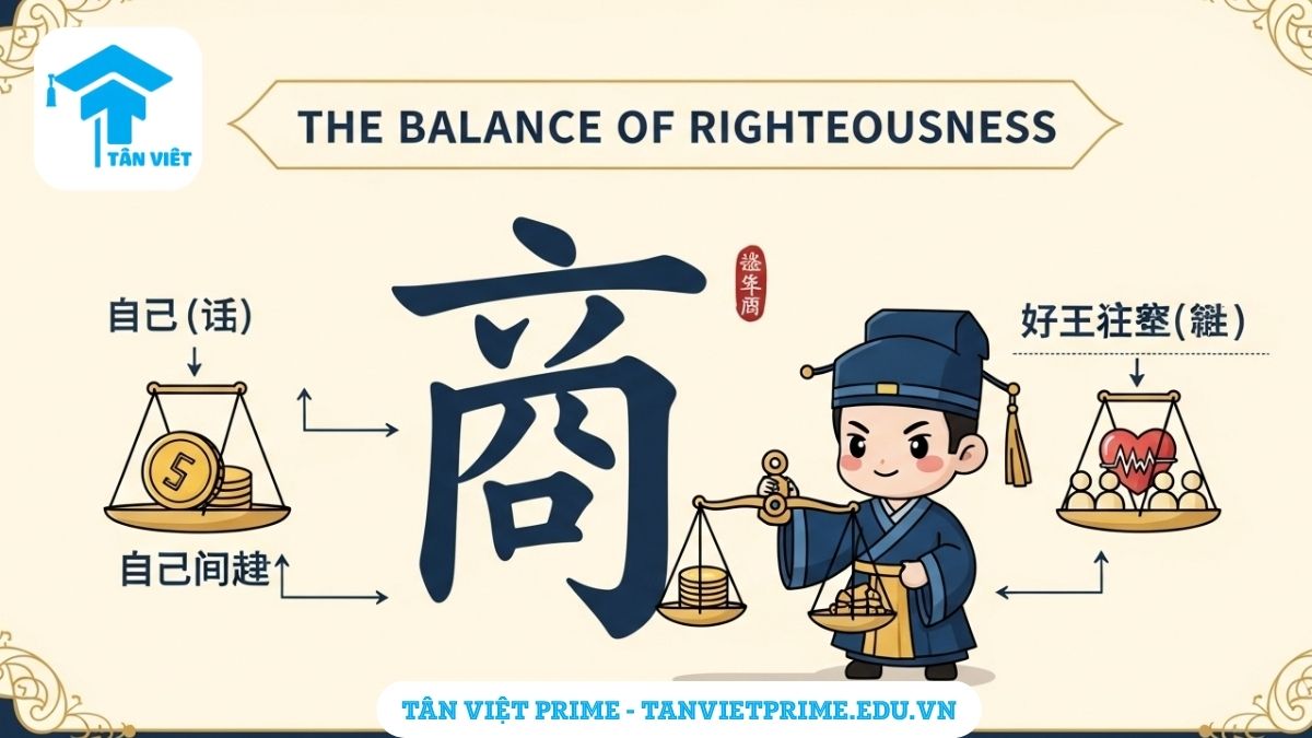 Infographic giải thích chủ đề chữ Nghĩa (義) trong tiếng Hán, mô tả hình ảnh một cán cân công lý đang nghiêng về phía "lợi ích chung" thay vì "lợi ích cá nhân" để làm rõ khái niệm cốt lõi về sự hy sinh và lẽ phải.