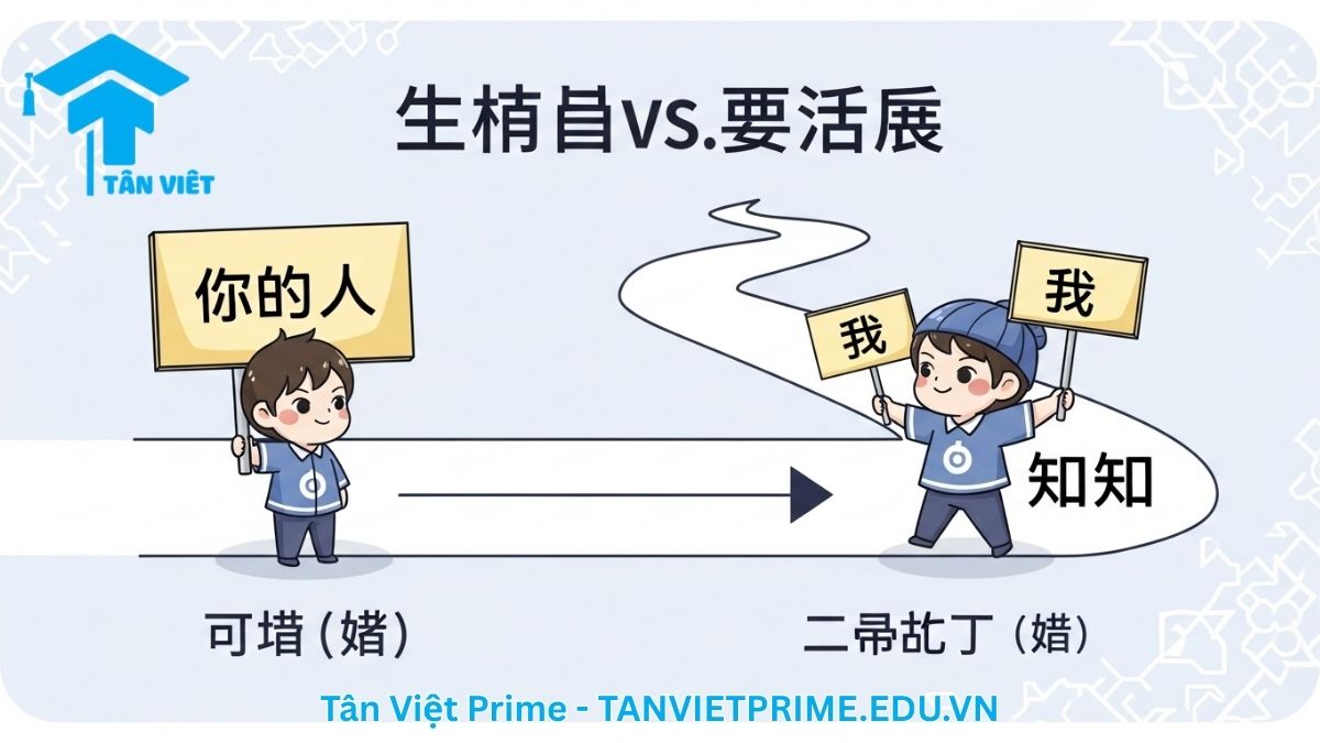 Infographic giải thích sự khác biệt giữa Chủ ngữ và Đề tài trong tiếng Trung, mô tả hai nhân vật chibi trong một câu ví dụ để làm rõ vai trò của Đề tài là bối cảnh và Chủ ngữ là người thực hiện hành động. Học ngữ pháp tiếng Trung nâng cao