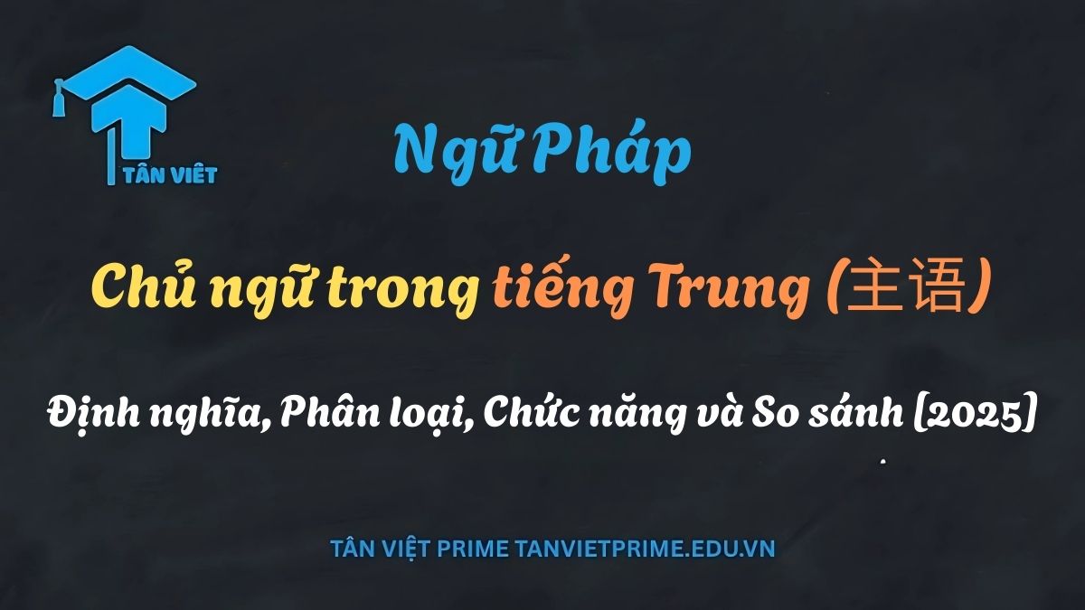 Sơ đồ giải thích Chủ ngữ trong tiếng Trung (主语), minh họa vị trí và các loại từ có thể làm chủ ngữ như danh từ, đại từ, động từ để giúp người học xây dựng câu đúng ngữ pháp.