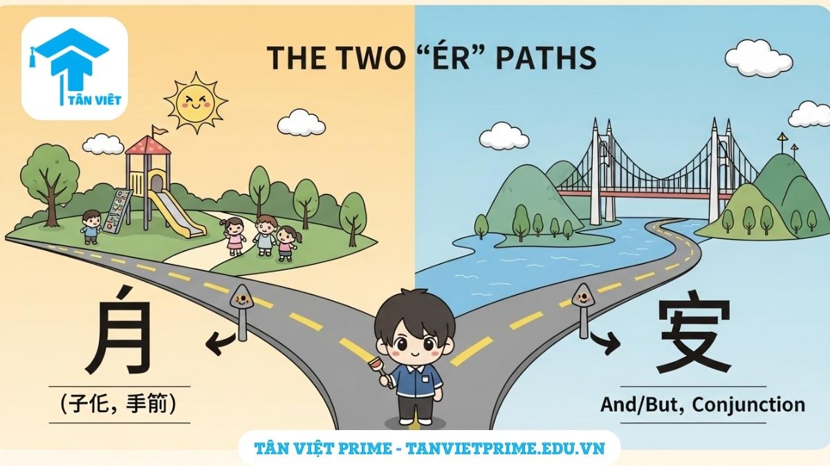 Chữ Nhi trong Tiếng Hán (儿, 而): Toàn Tập Ý Nghĩa, Cách Viết & Phân Biệt A-Z 2 Hình ảnh minh họa so sánh hai chữ Nhi trong tiếng Hán: bên trái là chữ 儿 với hình một em bé để giải thích nghĩa "trẻ con", bên phải là chữ 而 nối hai người bạn để làm rõ vai trò "liên từ".