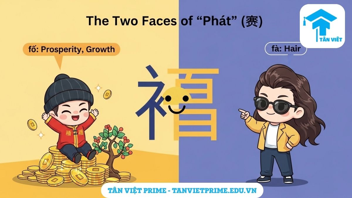 Chữ Phát trong Tiếng Hán (發 / Fā / Fà): Toàn Tập Ý Nghĩa, Cách Viết & Biểu Tượng Tài Lộc 2 Infographic giải thích hai ý nghĩa của chữ Phát (发), mô tả hình ảnh được chia đôi: bên trái là biểu tượng tài lộc như tiền vàng, bên phải là hình ảnh mái tóc, để làm rõ cách phát âm fā nghĩa là phát tài và fà nghĩa là tóc. Học tiếng Trung qua hình ảnh.