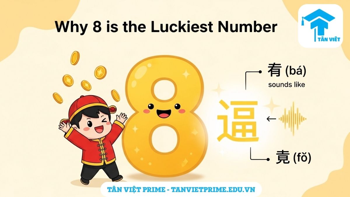 Chữ Phát trong Tiếng Hán (發 / Fā / Fà): Toàn Tập Ý Nghĩa, Cách Viết & Biểu Tượng Tài Lộc 3 Hình ảnh minh họa mối liên hệ giữa chữ Phát (发) và con số 8 may mắn, mô tả số 8 vàng và chữ Phát đi cùng nhau với một nhân vật chibi và đồng tiền vàng bay xung quanh, để giải thích vì sao số 8 được coi là may mắn do phát âm 'bā' gần giống 'fā'. Văn hóa Trung Quốc, số 8 may mắn.