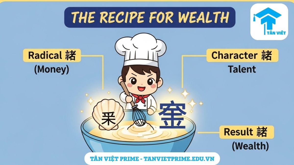 Hình ảnh minh họa giải thích cấu tạo chữ Hán, mô tả một nhân vật chibi đang "tạo" ra chữ 财 (tài sản) bằng cách kết hợp bộ thủ 贝 (tiền bạc) và chữ 才 (tài năng) để làm rõ mối quan hệ giữa các thành phần. Hình ảnh giúp ghi nhớ cấu trúc chữ 财.
