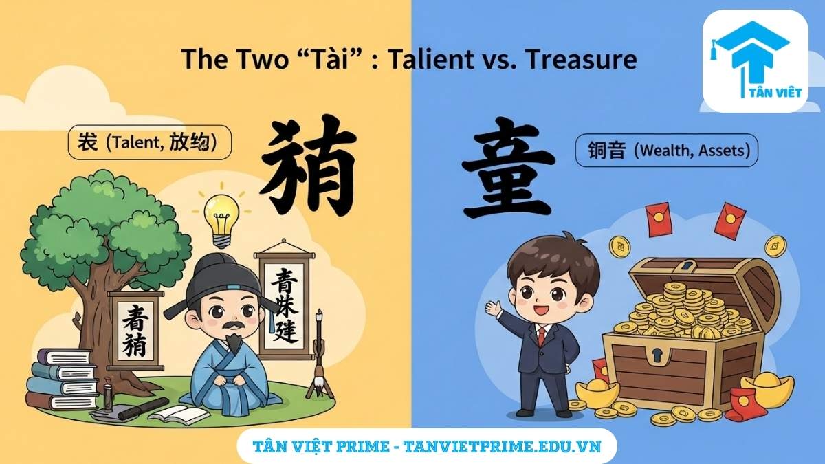 Infographic giải thích sự khác biệt giữa hai chữ Tài trong tiếng Hán, mô tả hình ảnh một bên là chibi học giả với chữ 才 và sách vở, một bên là chibi nhà kinh doanh với chữ 财 và tiền vàng để làm rõ khái niệm tài năng và tài sản. Hình ảnh giúp phân biệt cách dùng 才 và 财.