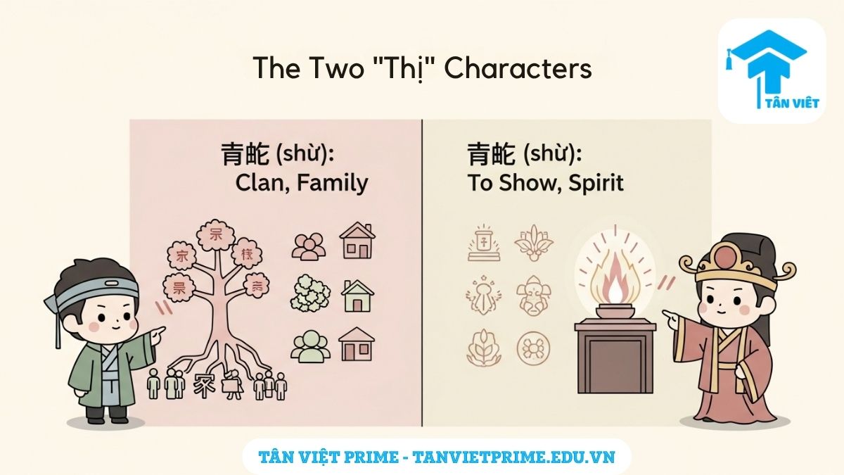 Chữ Thị Trong Tiếng Hán (氏, 示,...): Giải Mã Toàn Tập Ý Nghĩa, Cách Viết 2 Infographic giải thích sự khác biệt giữa hai chữ Thị trong tiếng Hán, mô tả chữ 氏 (shì) với ý nghĩa "dòng họ" bên cạnh chữ 示 (shì) với ý nghĩa "bày tỏ, thần linh" để làm rõ sự khác biệt về ngữ nghĩa và cách dùng. Giúp người học tiếng Trung và người tìm hiểu văn hóa Việt Nam phân biệt chính xác.