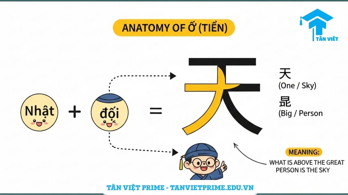 Chữ Thiên trong Tiếng Hán (天): Giải Mã Toàn Tập Ý Nghĩa, Nguồn Gốc & Văn Hóa 3 Sơ đồ chiết tự giải thích cấu tạo của chữ Thiên (天), mô tả việc ký tự này được ghép từ chữ Nhất (一) và chữ Đại (大) để làm rõ ý nghĩa "thứ to lớn nhất ở trên con người là trời". Giúp ghi nhớ cấu trúc chữ Hán dễ dàng hơn.