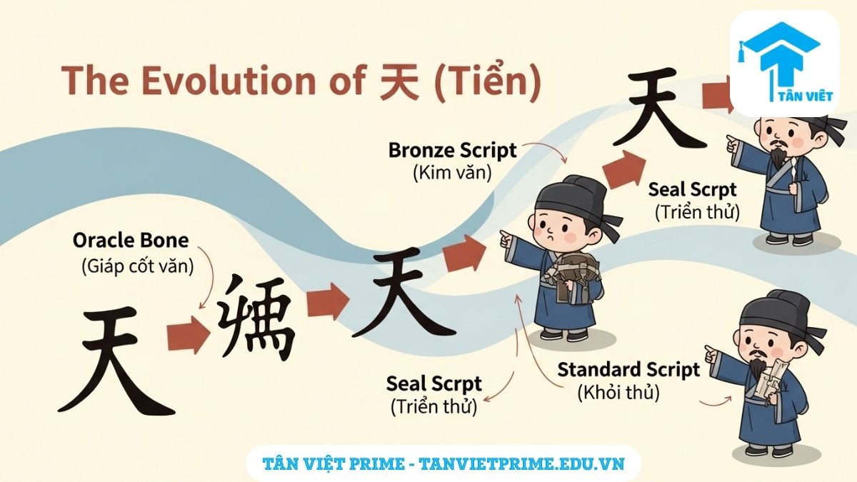 Chữ Thiên trong Tiếng Hán (天): Giải Mã Toàn Tập Ý Nghĩa, Nguồn Gốc & Văn Hóa 2 Infographic giải thích sự tiến hóa của chữ Thiên (天) qua các thời kỳ lịch sử, mô tả các dạng chữ từ Giáp cốt văn, Kim văn đến Khải thư hiện đại để làm rõ sự phát triển của Hán tự từ tượng hình đến ký tự chuẩn. Giúp người học hiểu rõ nguồn gốc chữ Hán.