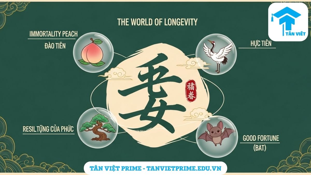 Infographic giải thích các biểu tượng văn hóa liên quan đến chữ Thọ (寿), mô tả hình ảnh quả đào tiên, chim hạc, cây tùng và con dơi xung quanh chữ Thọ để làm rõ ý nghĩa về một cuộc sống phúc thọ song toàn.