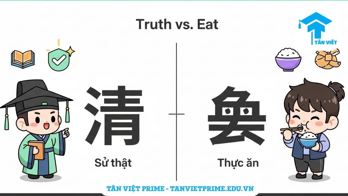Infographic phân biệt chữ Hán Thực (實/实) nghĩa là "sự thật" và Thực (食/饣) nghĩa là "thức ăn", với hình minh họa chibi dễ thương để giúp người học tránh nhầm lẫn.
