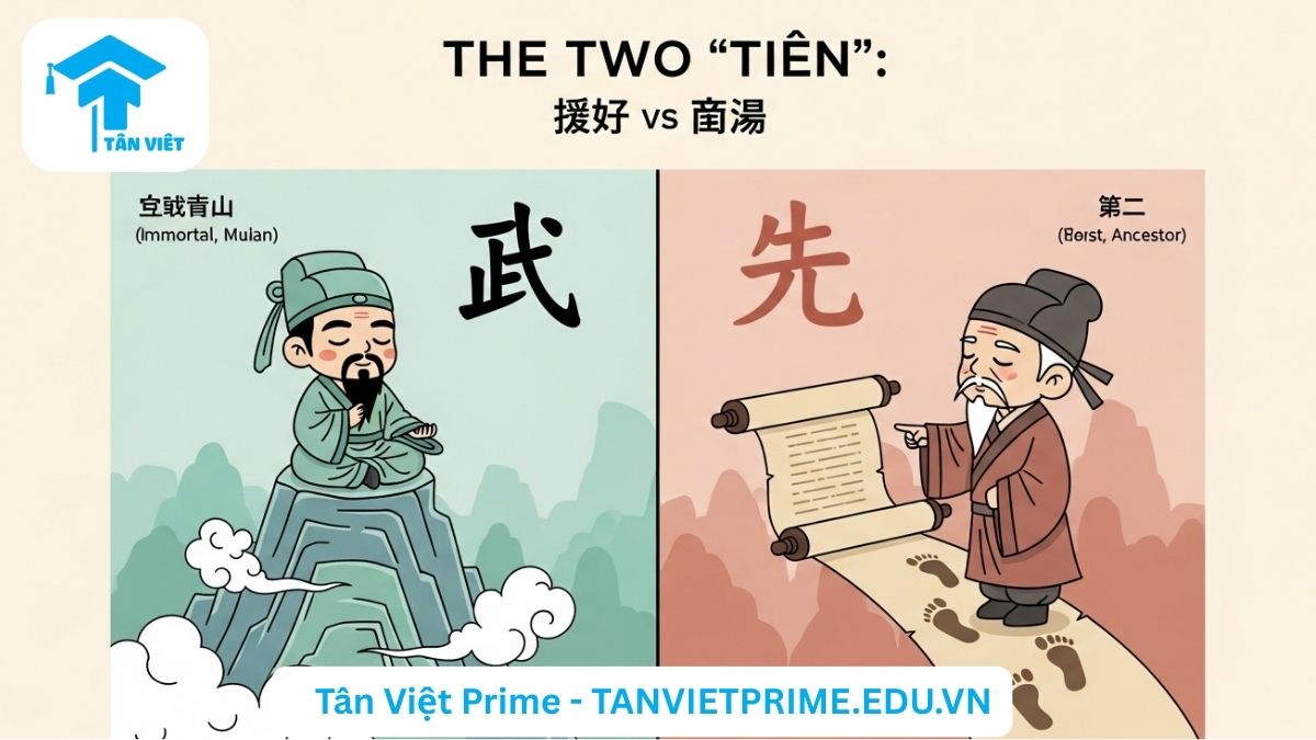Chữ Tiên trong Tiếng Hán (仙 & 先): Ý Nghĩa, Cách Viết & Phân Biệt Chi Tiết 2 Infographic giải thích sự khác biệt giữa chữ Tiên 仙 và 先 trong tiếng Hán, mô tả hình ảnh so sánh 仙 (thần tiên trên núi) và 先 (tổ tiên đi trước) để làm rõ cách phân biệt hai Hán tự đồng âm, giúp ghi nhớ ý nghĩa và cấu tạo.