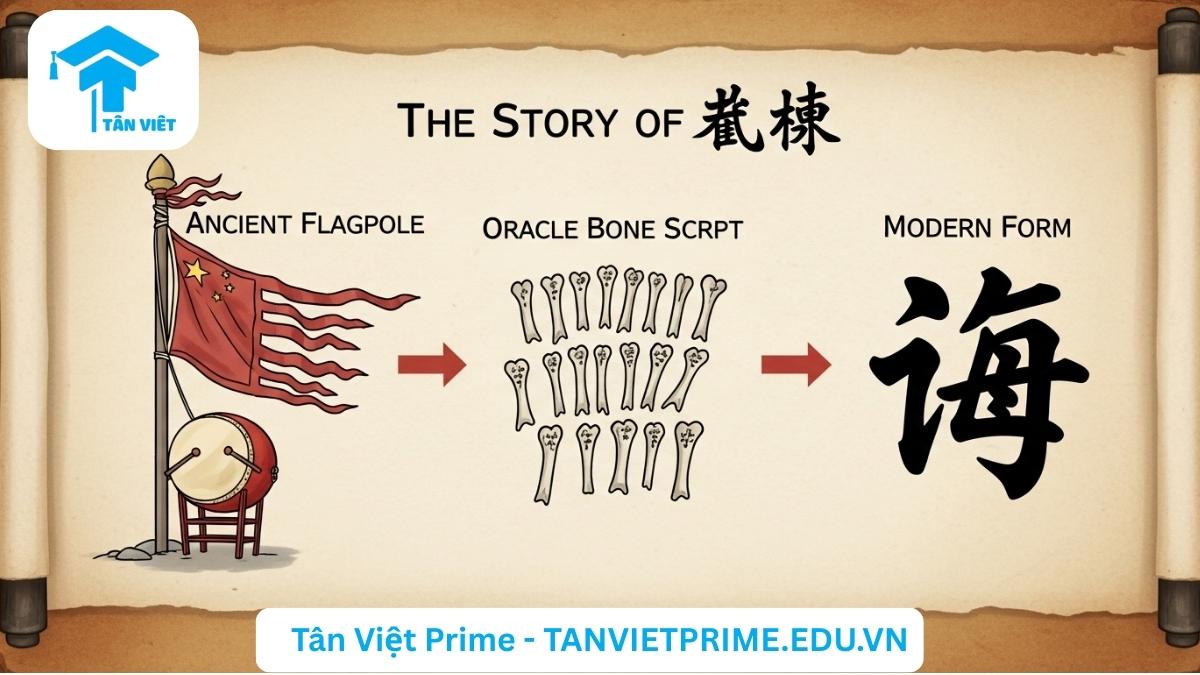 Infographic giải thích nguồn gốc chữ Trung (中) trong tiếng Hán, mô tả sơ đồ tiến hóa của chữ Trung, từ hình ảnh cột cờ treo trống thời cổ đại, qua ký tự Giáp cốt văn, đến dạng chữ Hán hiện đại để làm rõ ý nghĩa tượng hình và lịch sử phát triển của ký tự. [Lịch sử chữ Hán, Giáp cốt văn, ý nghĩa chữ Trung].