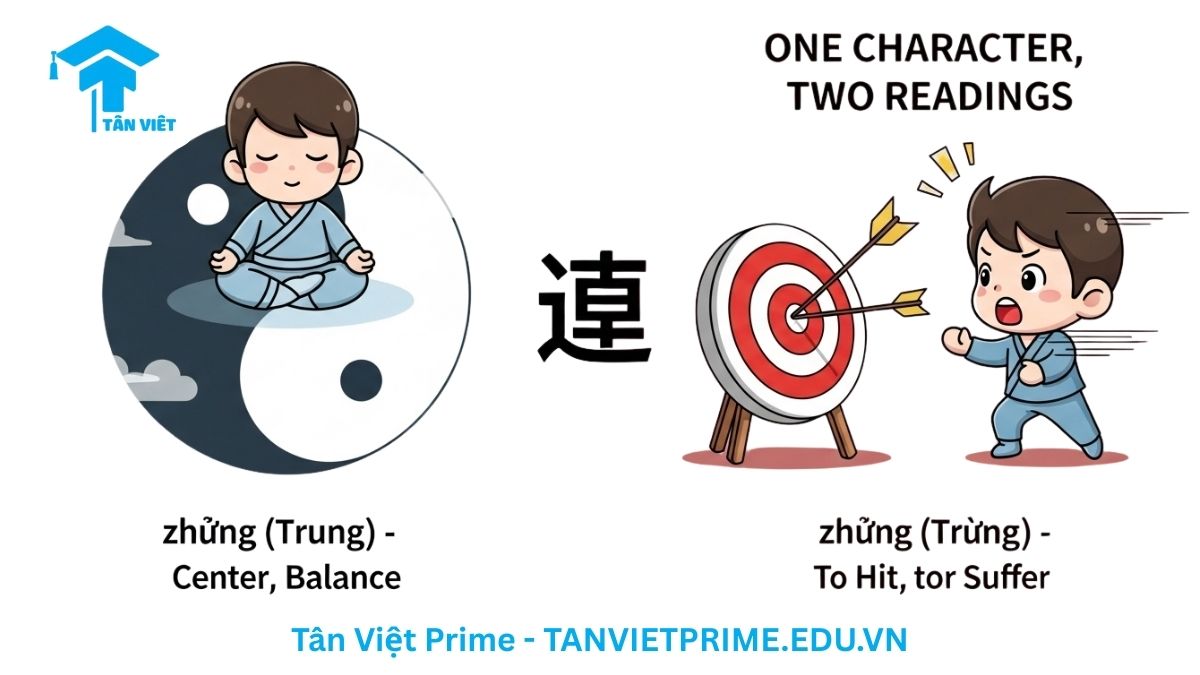 Sơ đồ giải thích các lớp nghĩa của chữ Trung (中), mô tả hình ảnh so sánh hai cách đọc và nghĩa của chữ Trung: bên trái là "zhōng" (Trung) với hình ảnh cân bằng, trung tâm; bên phải là "zhòng" (Trúng) với hình ảnh trúng đích để làm rõ cách phân biệt hai ý nghĩa và cách phát âm phổ biến của chữ Hán này. [Phân biệt Trung và Trúng, chữ Hán đa âm].