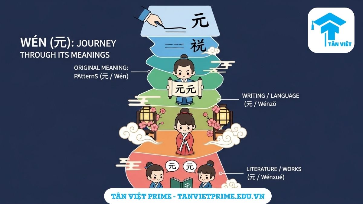 Chữ Văn (文) trong Tiếng Hán: Toàn Tập Ý Nghĩa, Cách Viết & Nguồn Gốc 3 Infographic mô tả các tầng ý nghĩa mở rộng của chữ Văn (文) từ gốc đến trừu tượng, mô tả quá trình phát triển nghĩa từ hoa văn đến chữ viết, văn hóa, và tác phẩm văn học qua hình ảnh chibi. Giúp người học tiếng Hán dễ hình dung.