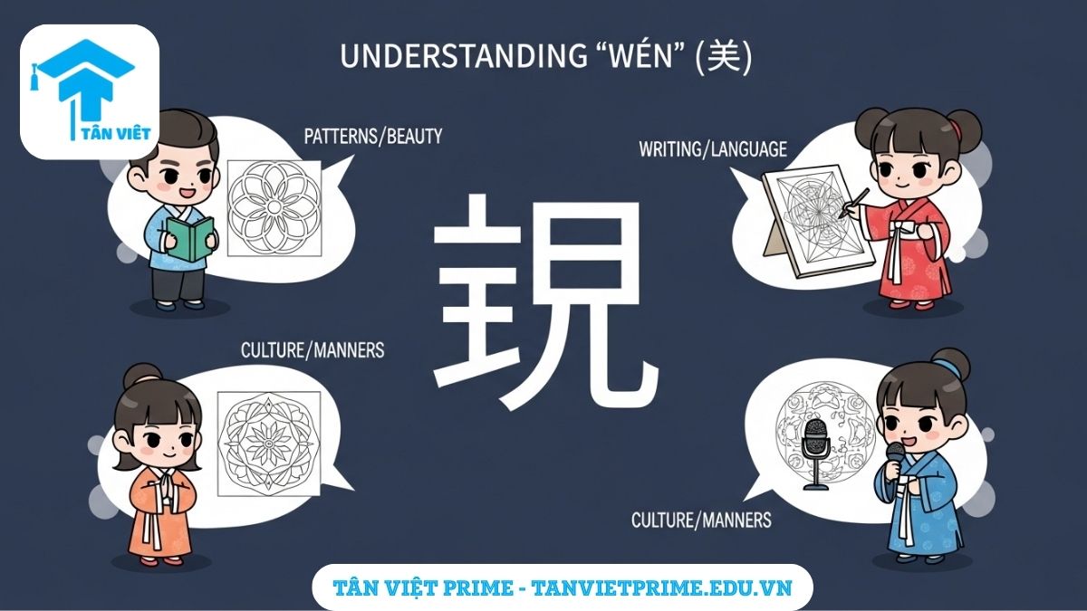 Chữ Văn (文) trong Tiếng Hán: Toàn Tập Ý Nghĩa, Cách Viết & Nguồn Gốc 2 Infographic giải thích các ý nghĩa chính của chữ Văn (文), mô tả chữ Văn trung tâm cùng 4 nhân vật chibi minh họa các khía cạnh: hoa văn, chữ viết, văn hóa, và văn học để làm rõ sự đa dạng trong khái niệm. Hiểu sâu hơn về chữ Hán cổ điển.